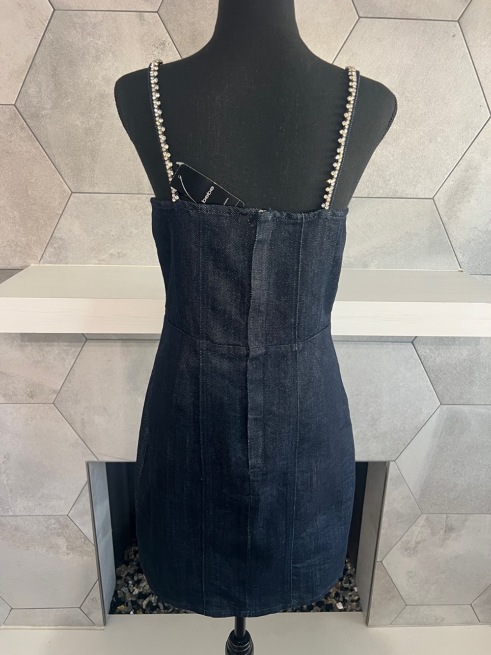 Bebe BOW DETAIL RHINESTONE STRAP GLITTER DENIM DRESS 🎀 - Picture 6 of 13